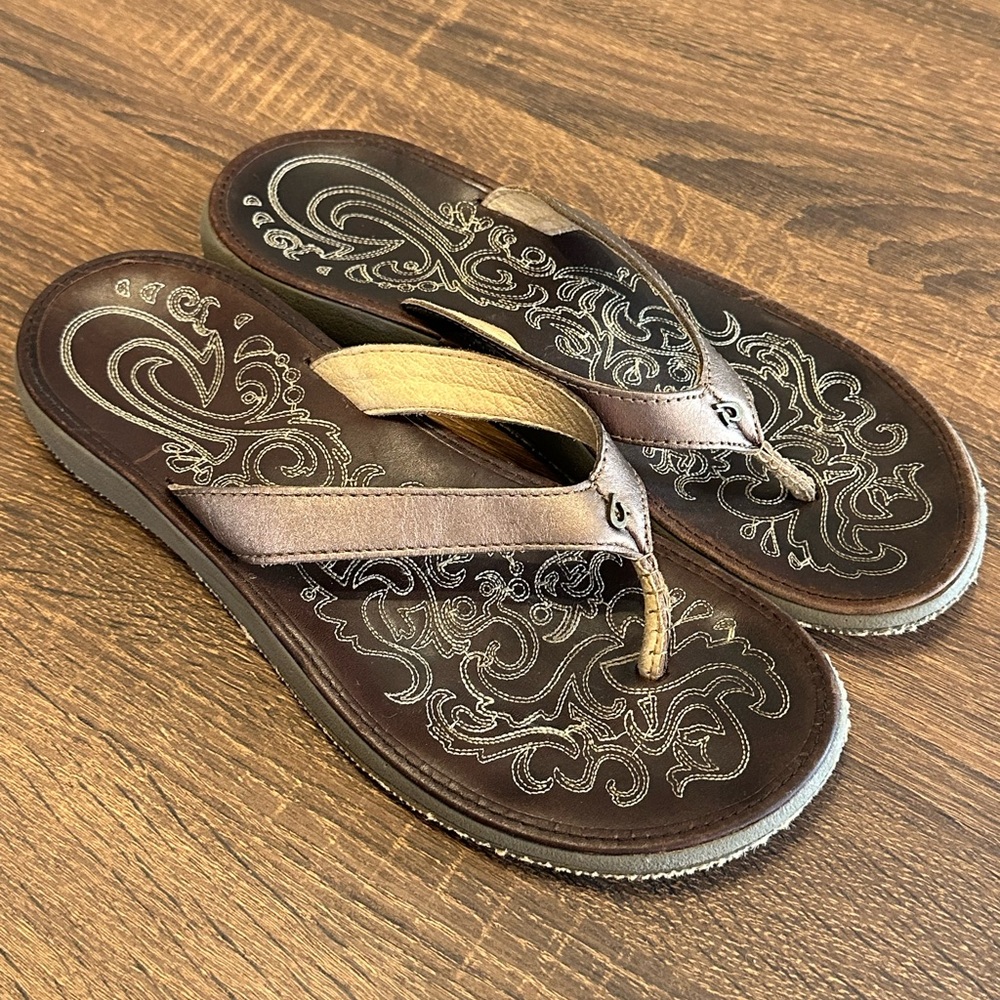 OluKai Brown Embroidered Leather Flip Flop Sandals